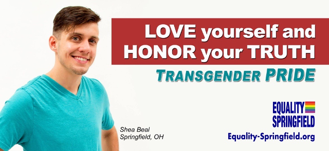 Equality Springfield Billboard titled "Love Yourself and Honor your truth Transgender Pride" with a picture of Shea Beal